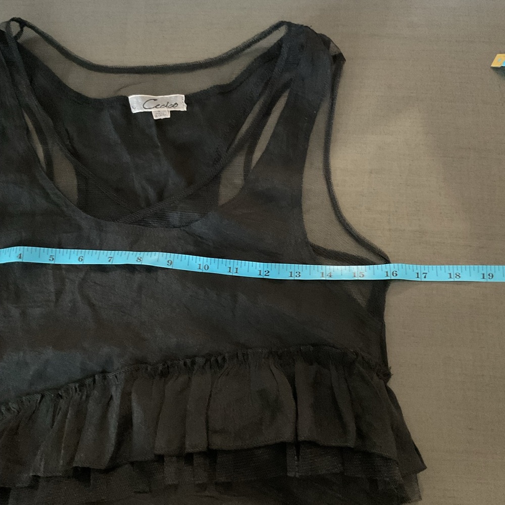 Cecico Ruffled Tulle Mesh Tank Top Black Small Gothic Edgy Racerback - Picture 7 of 8